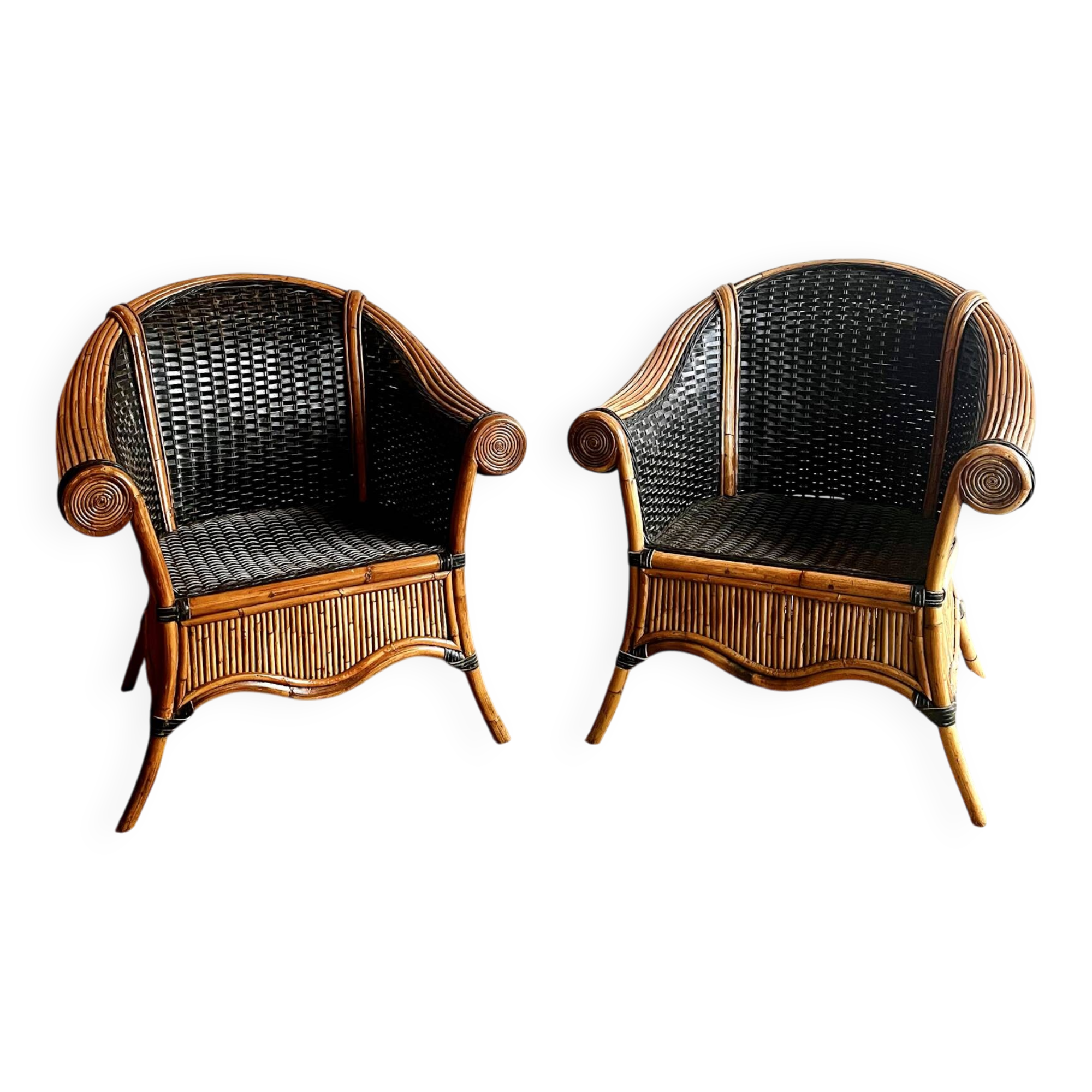 2 fauteuils rotin et cuir tressé vintage