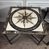 Pair of marble and metal tables, marble marquetry compass rose, circa 1990