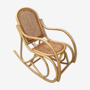 Rocking chair enfant en bois, rotin et cannage