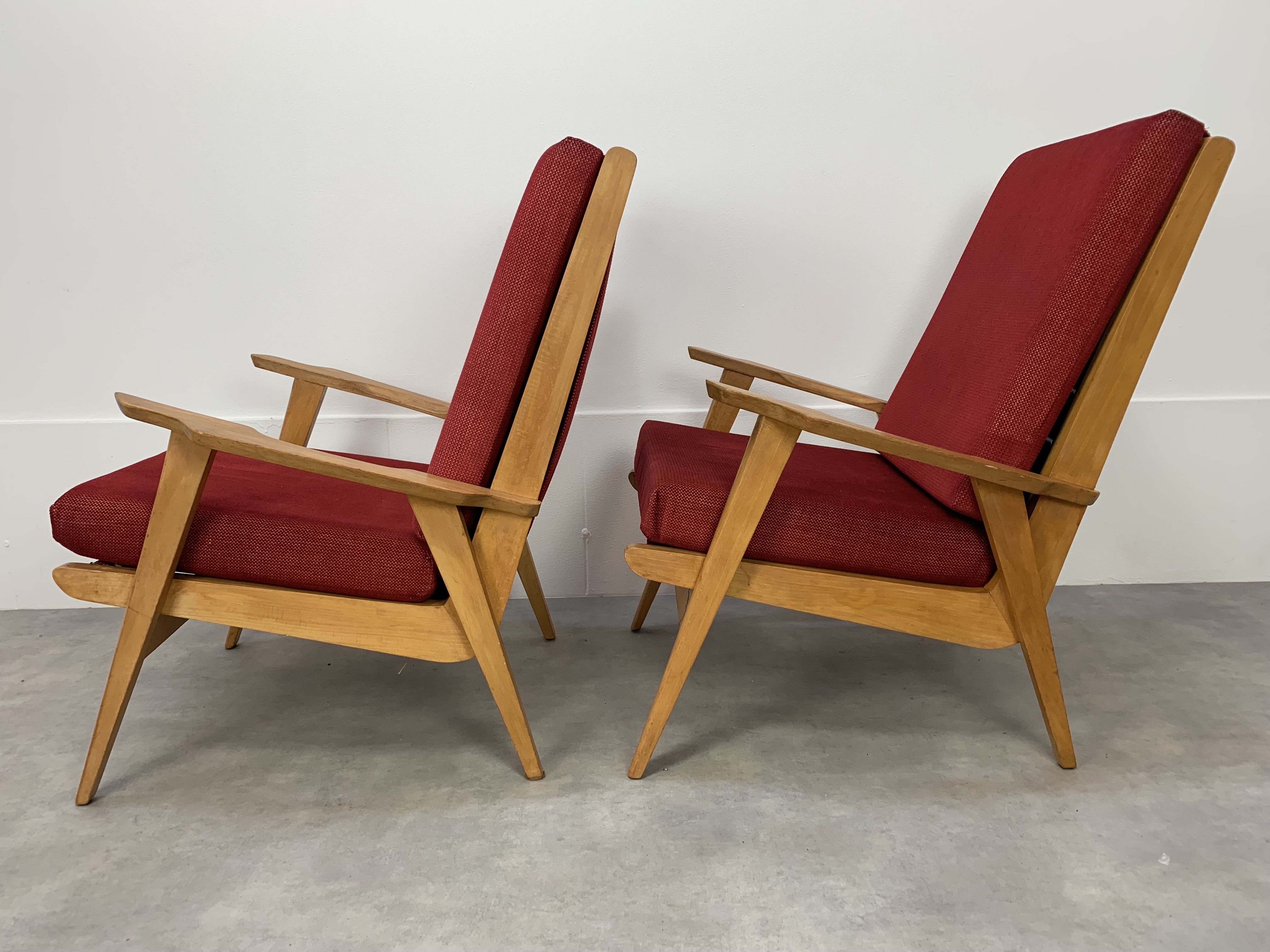 Pair of 50s vintage boomerang armchairs velvet and wood