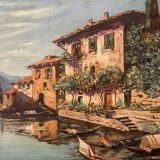 Old oil painting on canvas Gandria Switzerland Italy