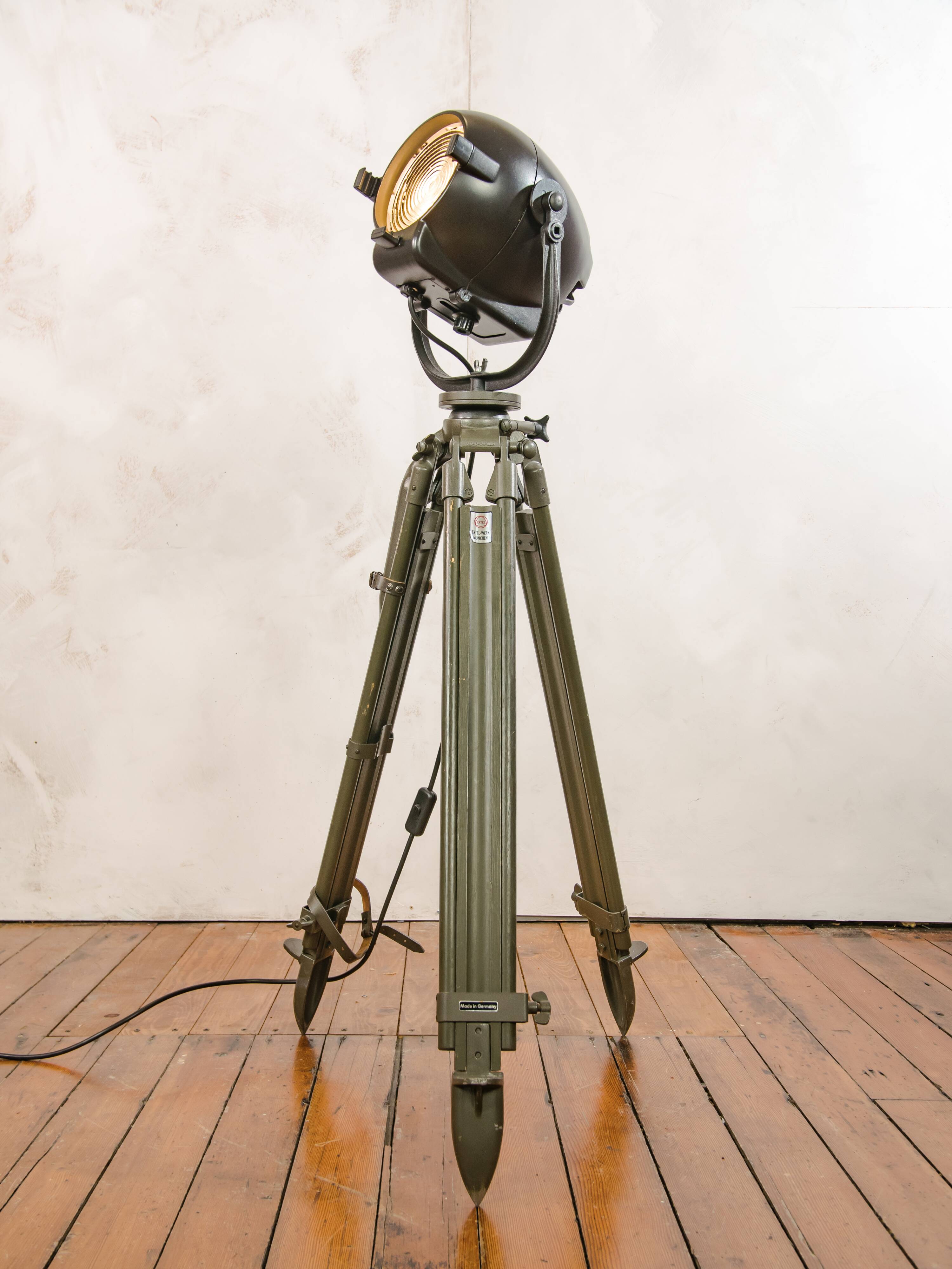 Vintage 1950s Strand Electric Patt 123 Theatre lamp on an old Wooden Army Surveyors Tripod