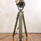 Vintage 1950s Strand Electric Patt 123 Theatre lamp on an old Wooden Army Surveyors Tripod