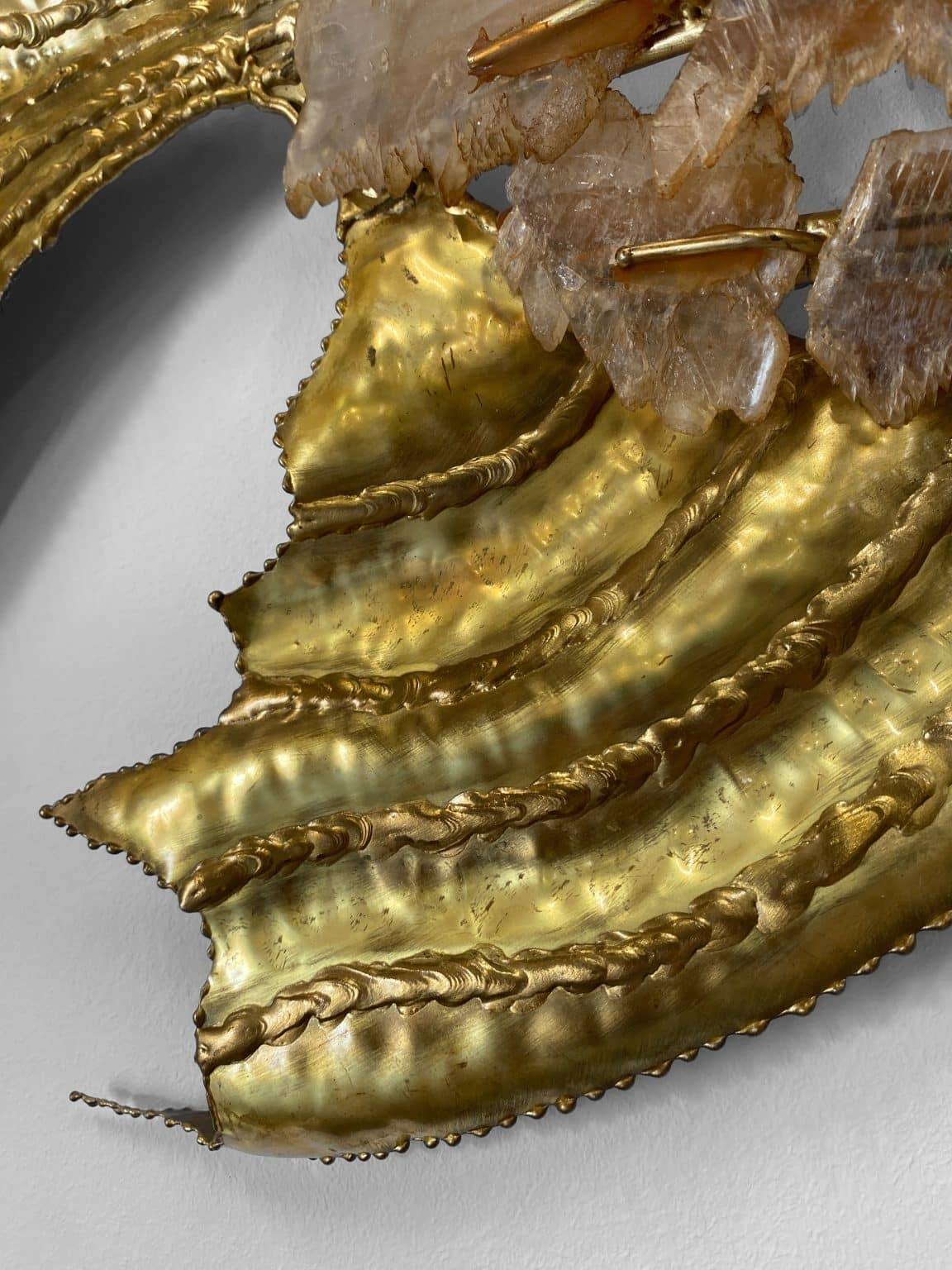 Vintage brass and stone fish-shaped wall light, 1970s