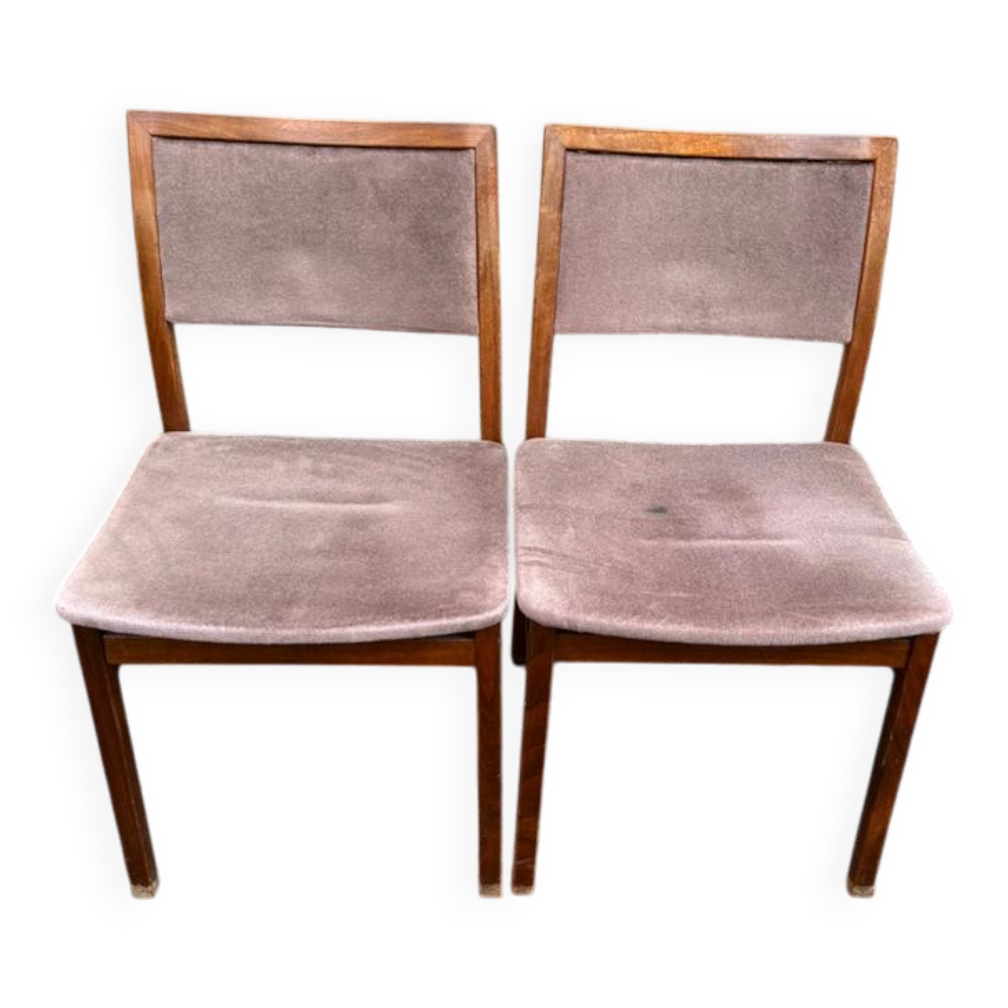 2 Scandinavian Baumann chairs in solid wood and purple velvet, 1960.