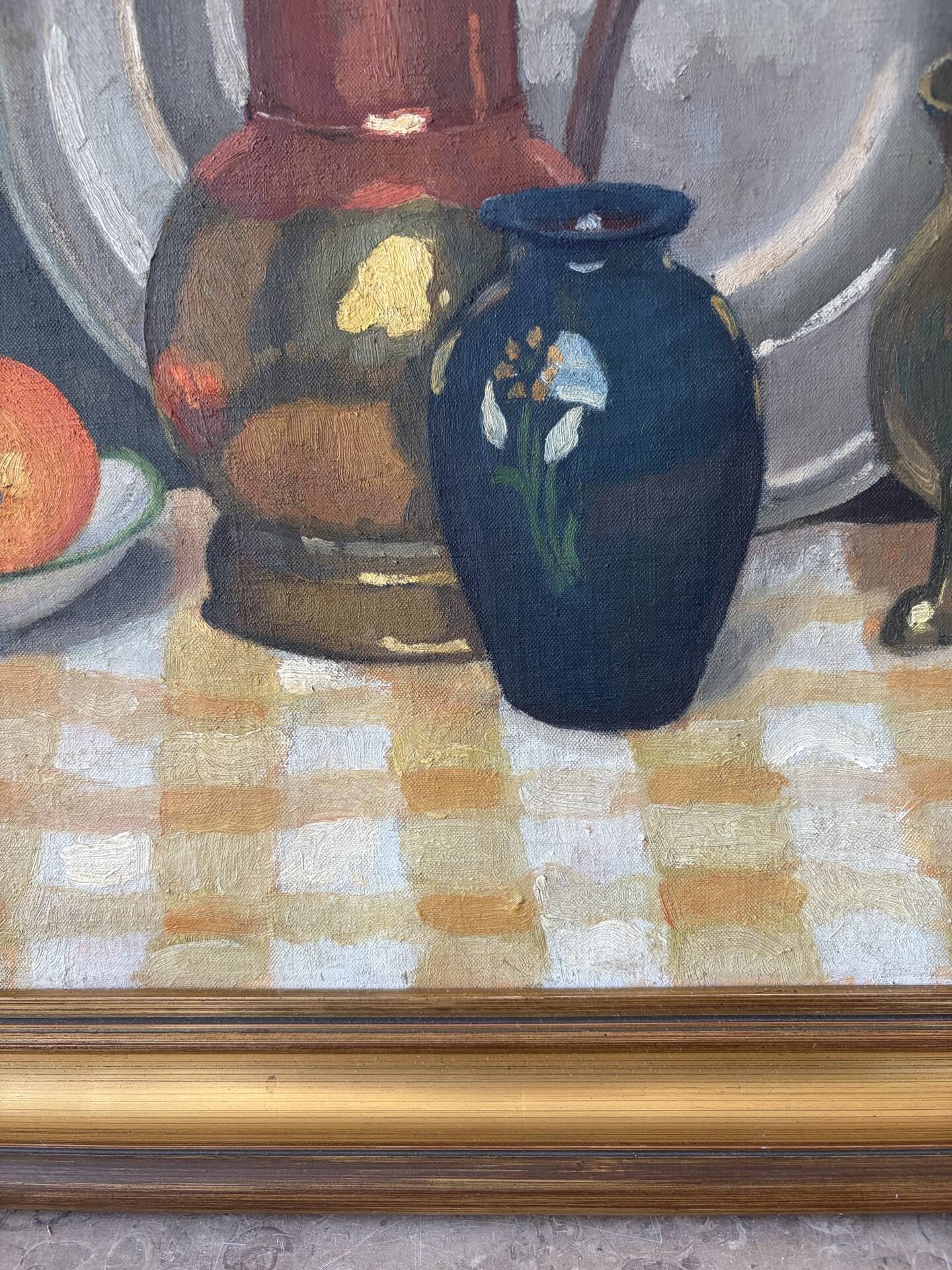 Still life on checked tablecloth, oil on canvas signed N Bonté.