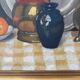 Still life on checked tablecloth, oil on canvas signed N Bonté.
