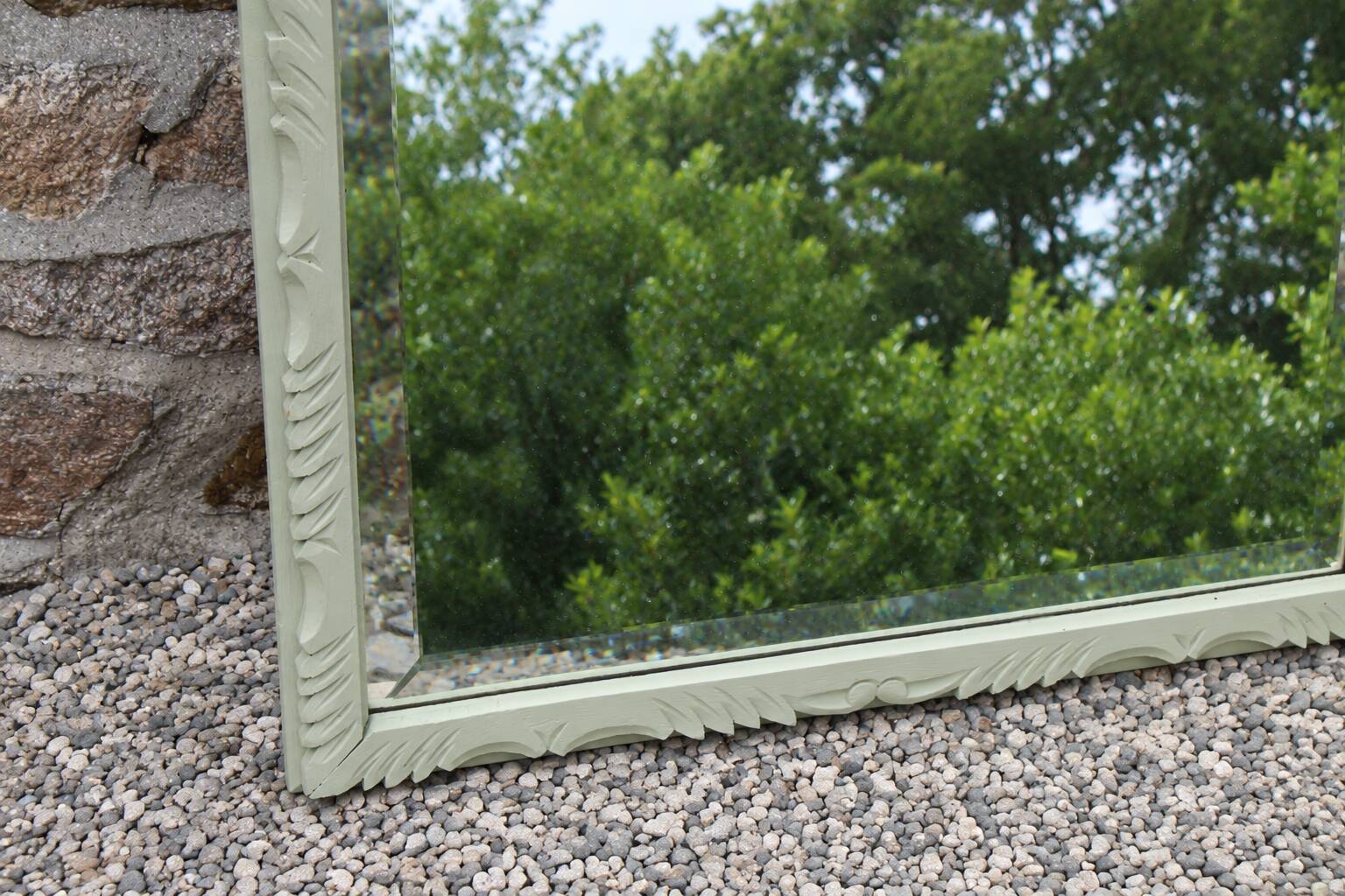 Large antique bevelled mirror in carved solid wood, green lizard – 129 × 75