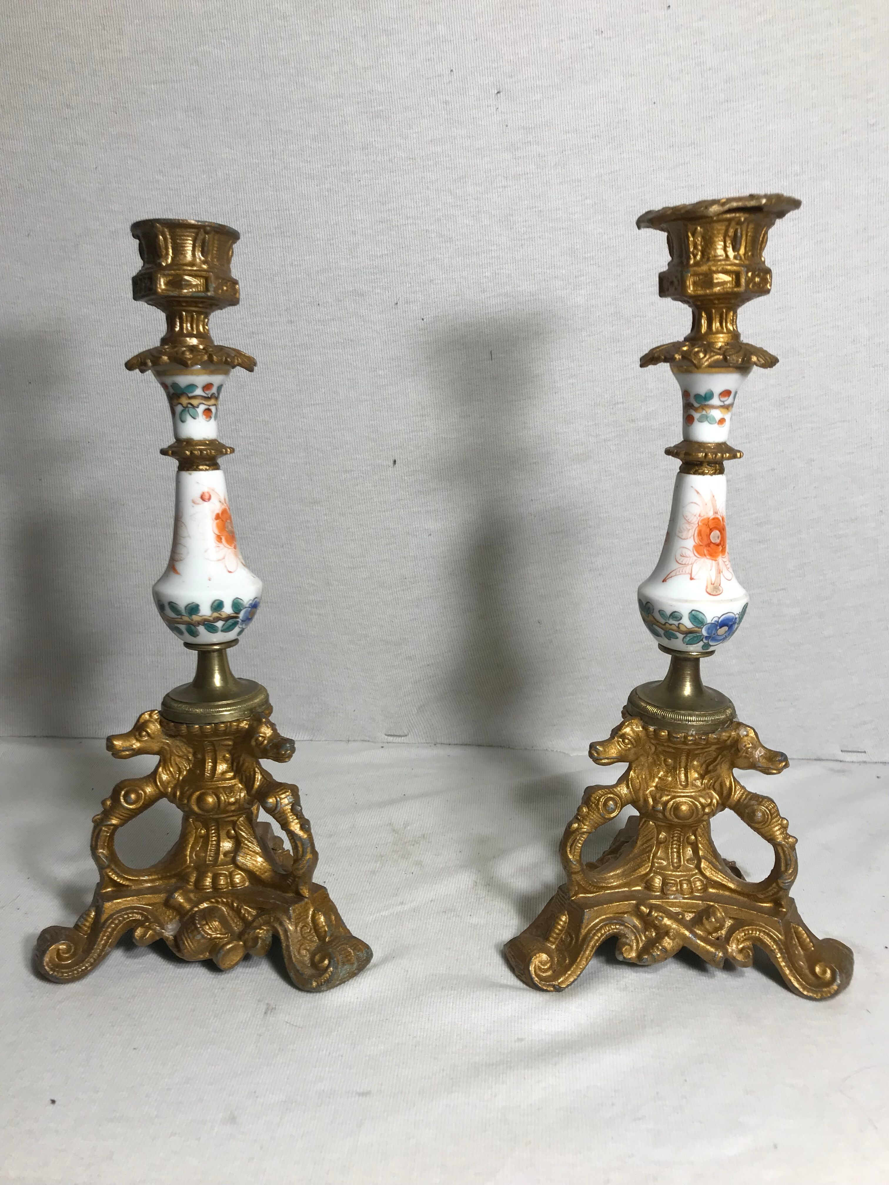 Pair old candlestick tripod Metal Gold seahorse + ceramic painted Vintage