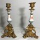 Pair old candlestick tripod Metal Gold seahorse + ceramic painted Vintage