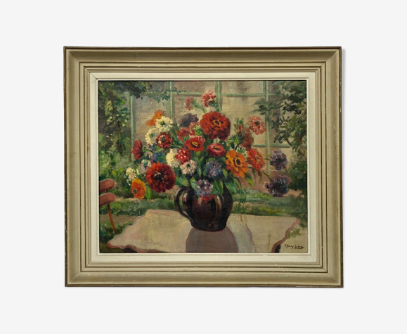 Huile sur panneau bouquet de fleurs yvonne borry lehoux au couteau