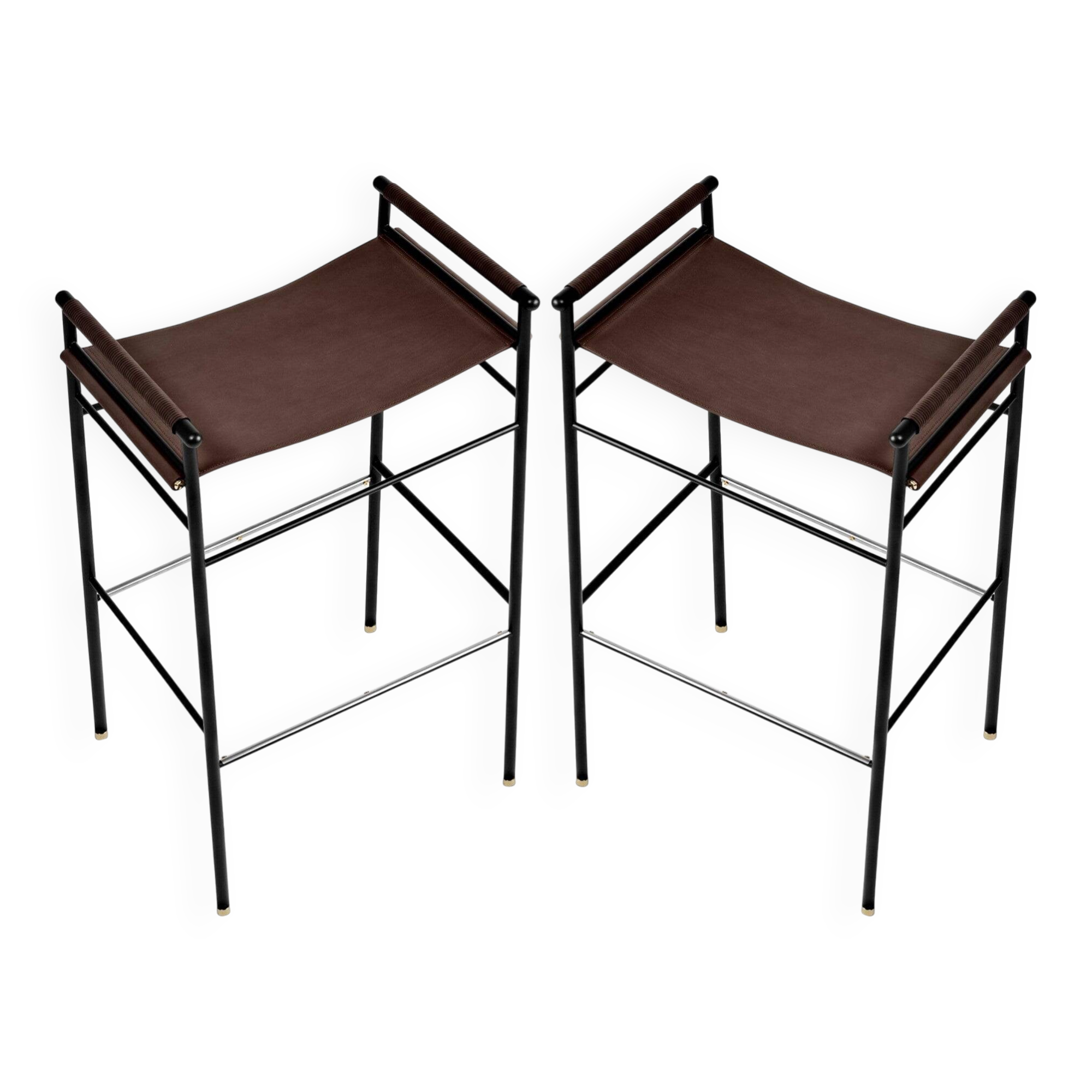 Artisan Contemporary bar stool, dark brown leather, black rubber metal.