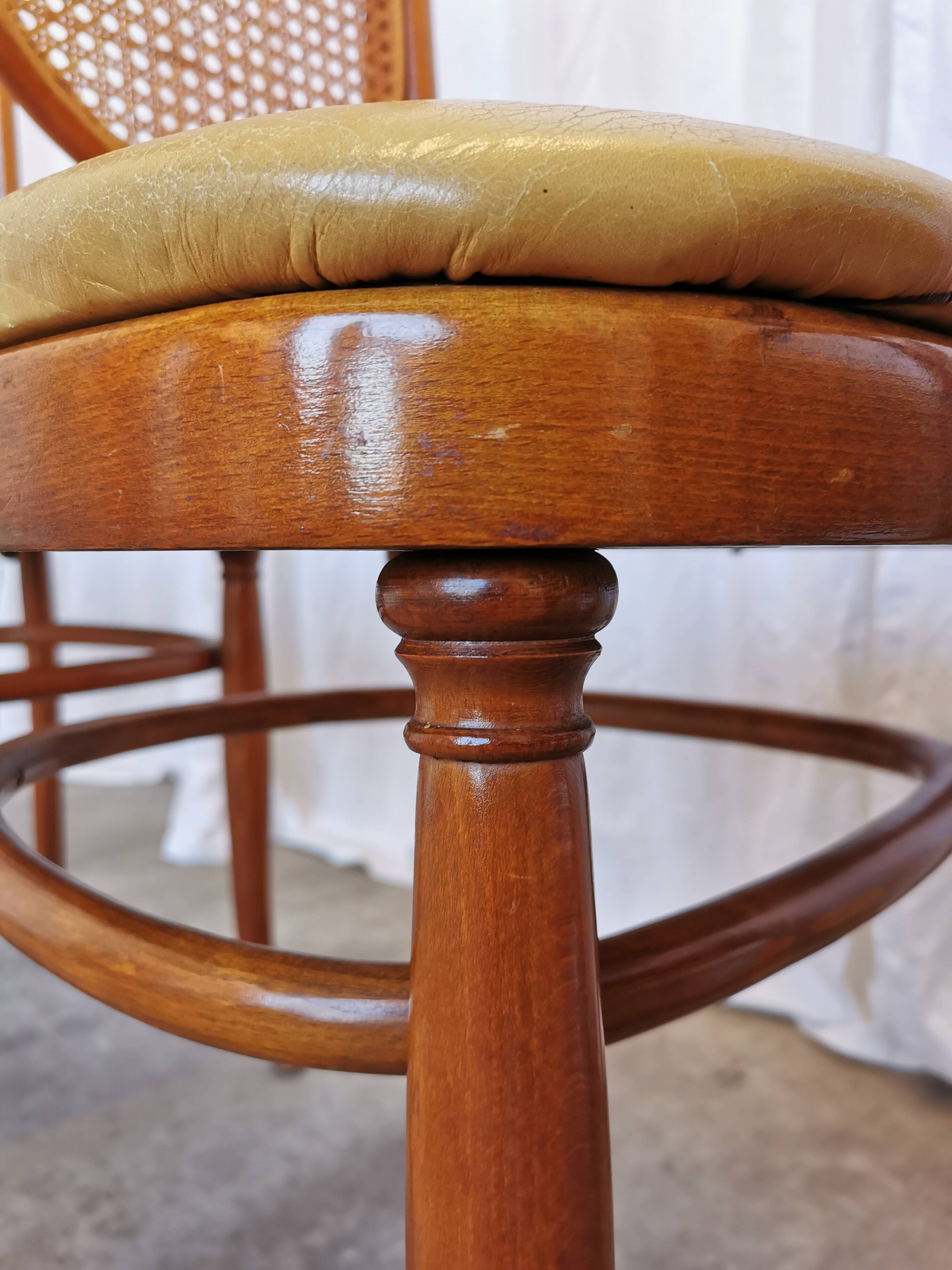 Set of 4 Vintage Bentwood Dining Chairs: Cane Back, Leather Seat, Thonet St