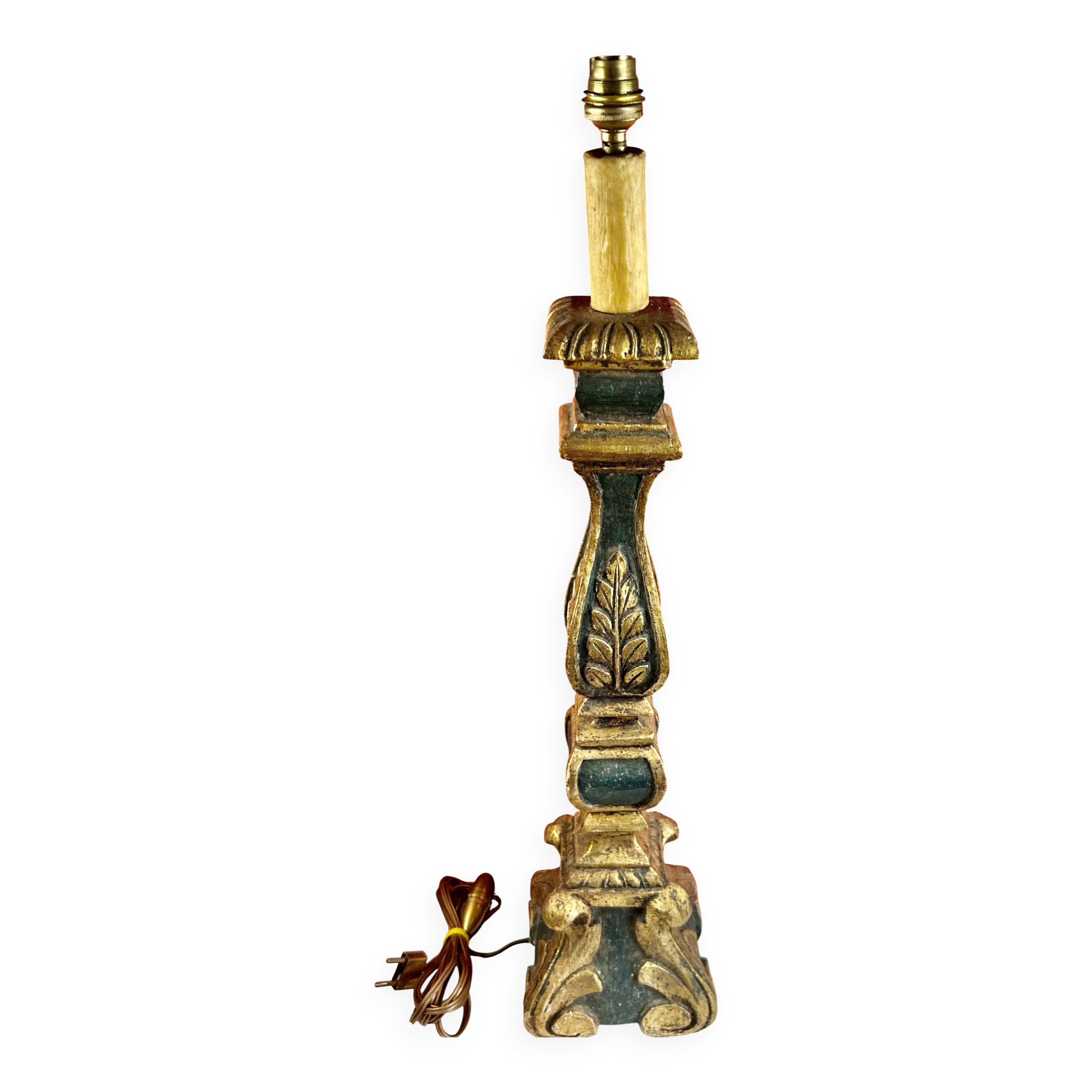 Large antique green and gold wooden lamp base, 66 cm high from the socket.