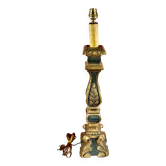 Large antique green and gold wooden lamp base, 66 cm high from the socket.