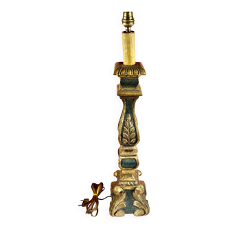 Large antique green and gold wooden lamp base, 66 cm high from the socket.