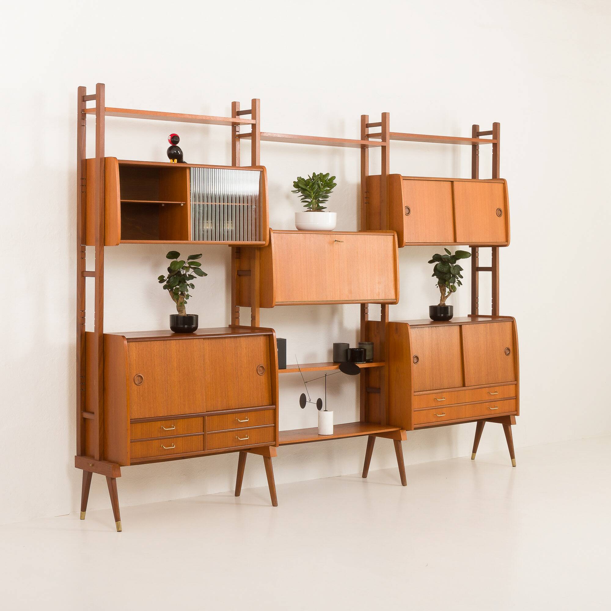 Scandinavian free-standing teak wall unit with 5 cabinets, Norway 1960s