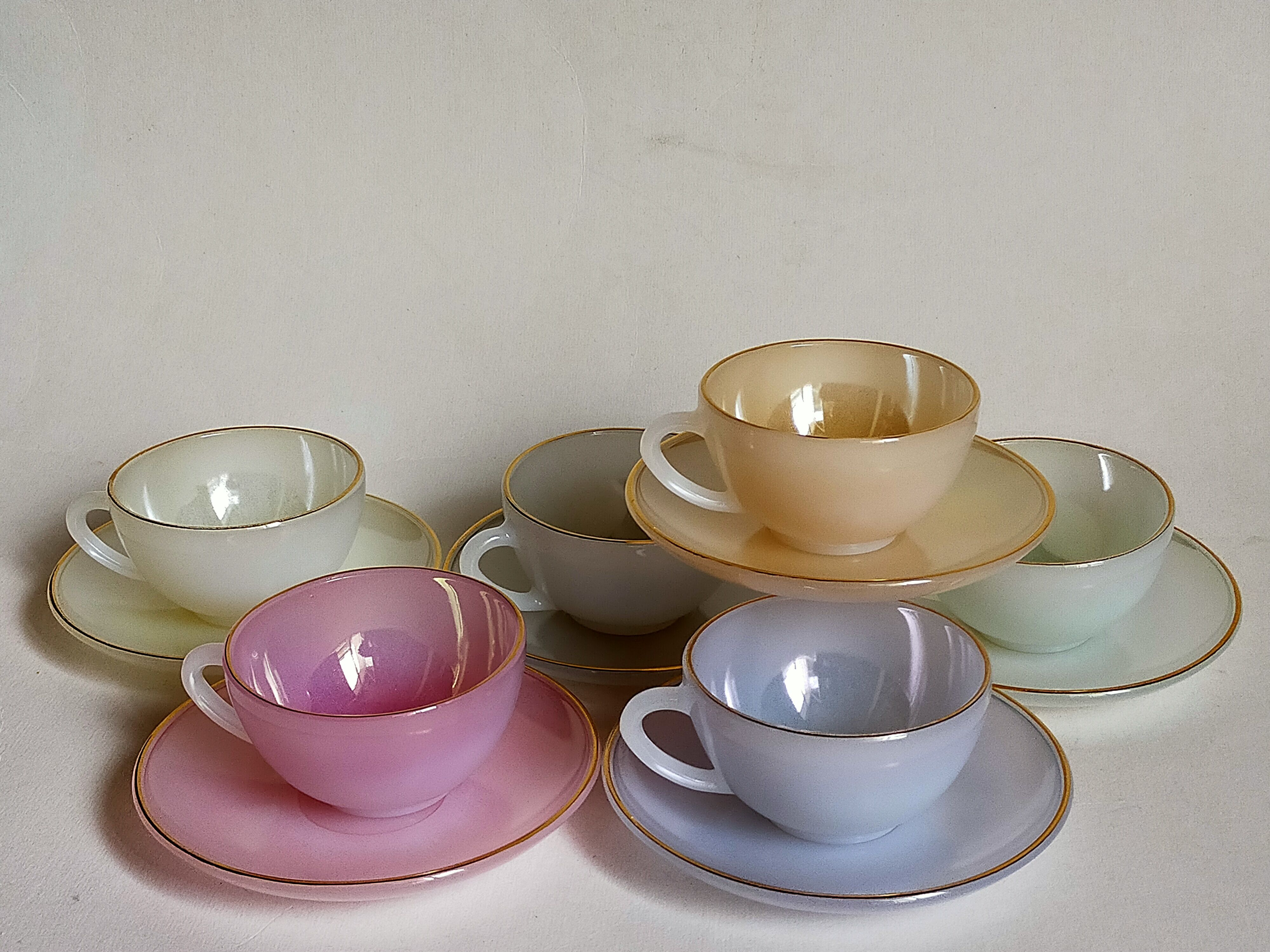 Six vintage iridescent pastel arcopal opaline cups