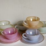Six vintage iridescent pastel arcopal opaline cups