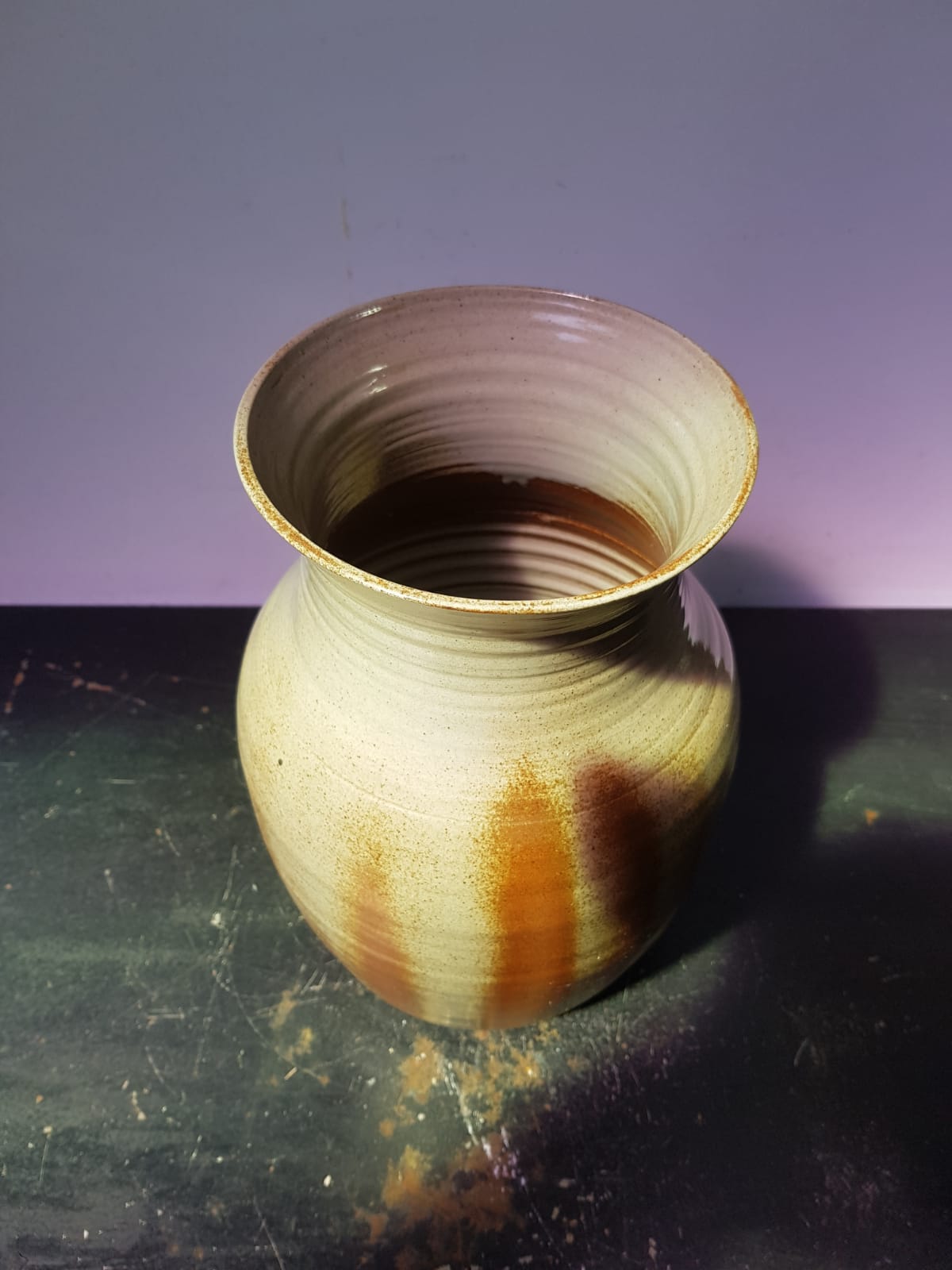 Old brown sandstone vase & beige signed deco 70s vintage