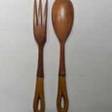 Antique wooden salad servers with earthenware handles, handcrafted