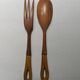 Antique wooden salad servers with earthenware handles, handcrafted