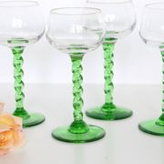 Set of 4 glasses with white wine, green foot, French, vintage