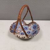 Beautiful small painted ceramic basket with woven handle