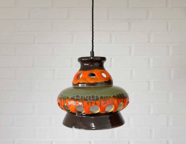 Vintage ceramic pendant light: 1970s rustic handmade chandelier