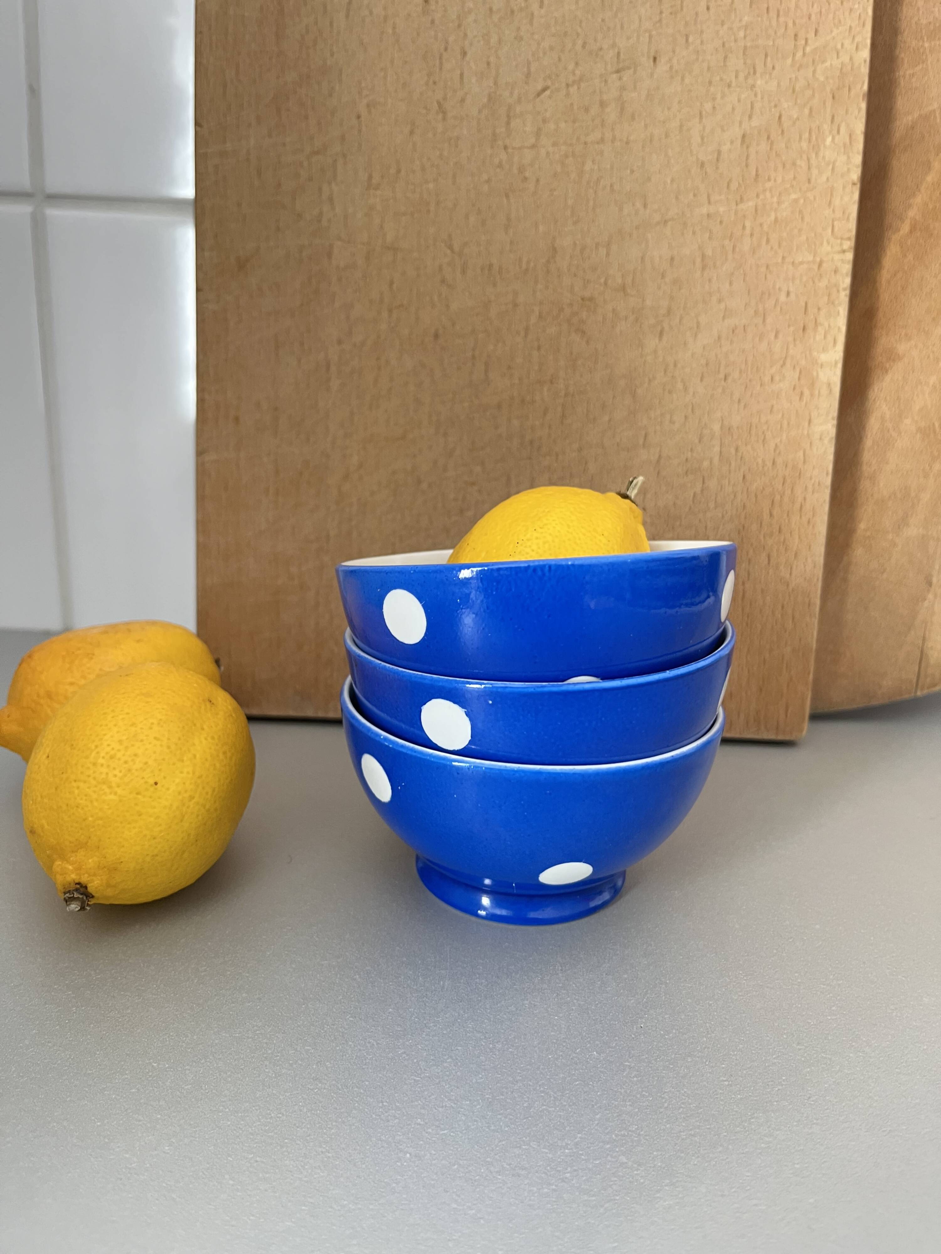 Old Longchamp porcelain bowls with blue dots