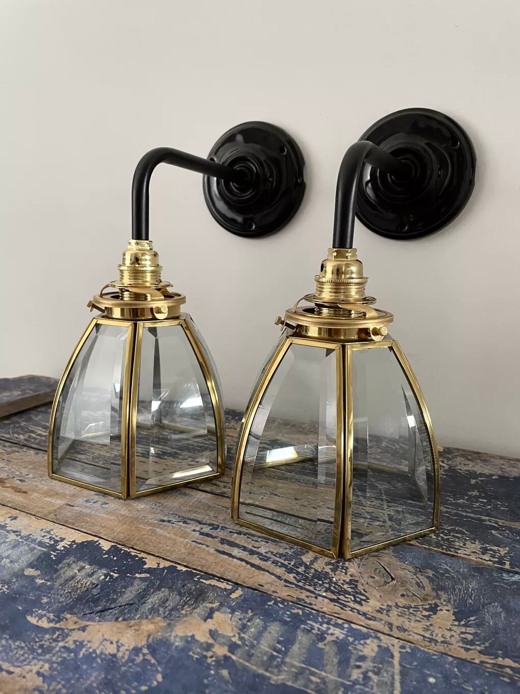 Pair of vintage glass and brass sconces electrified to nine