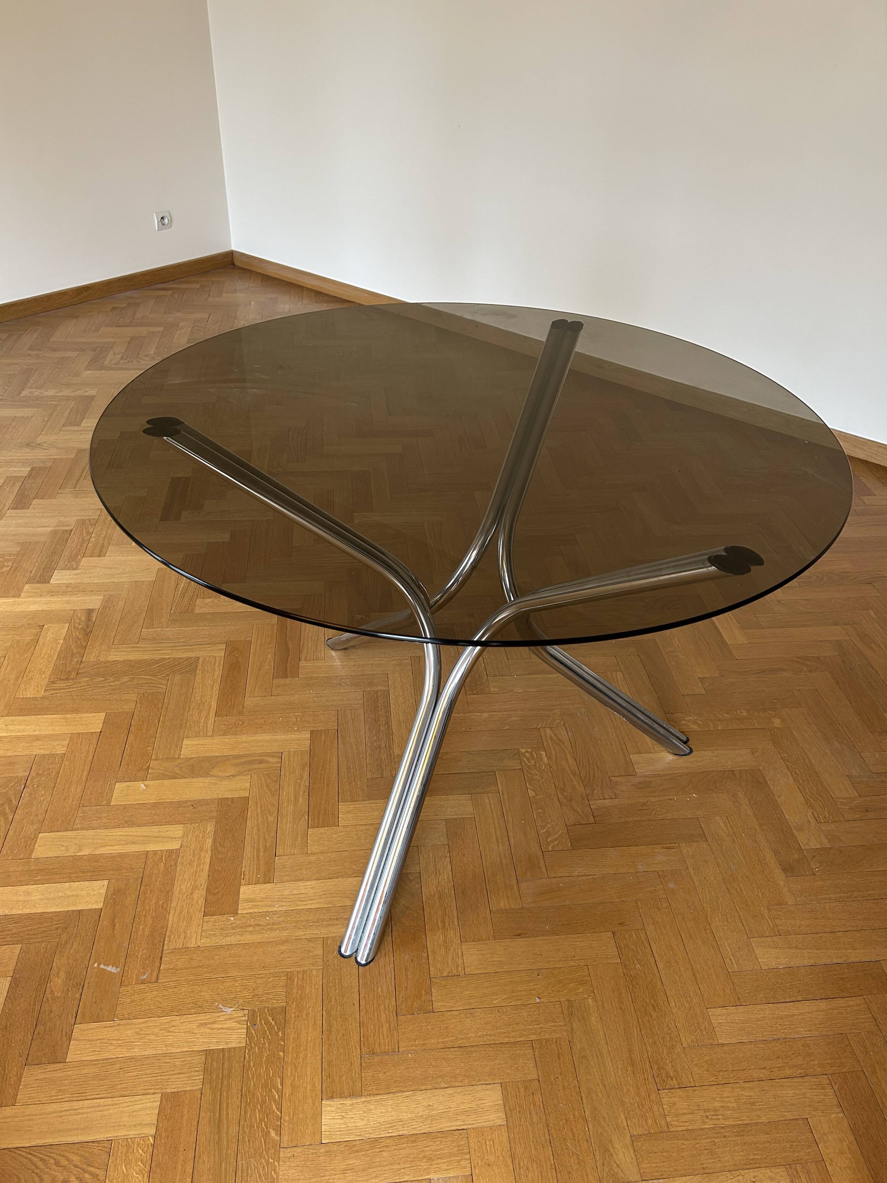 Smoked glass table with chrome legs