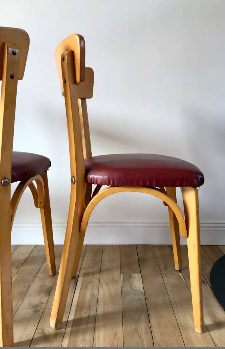 Set of 6 Luterma bistro chairs in blond wood and skaï 50s