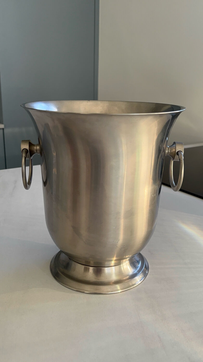 Stainless steel champagne bucket signed Guy Degrenne, antique metal decoration -