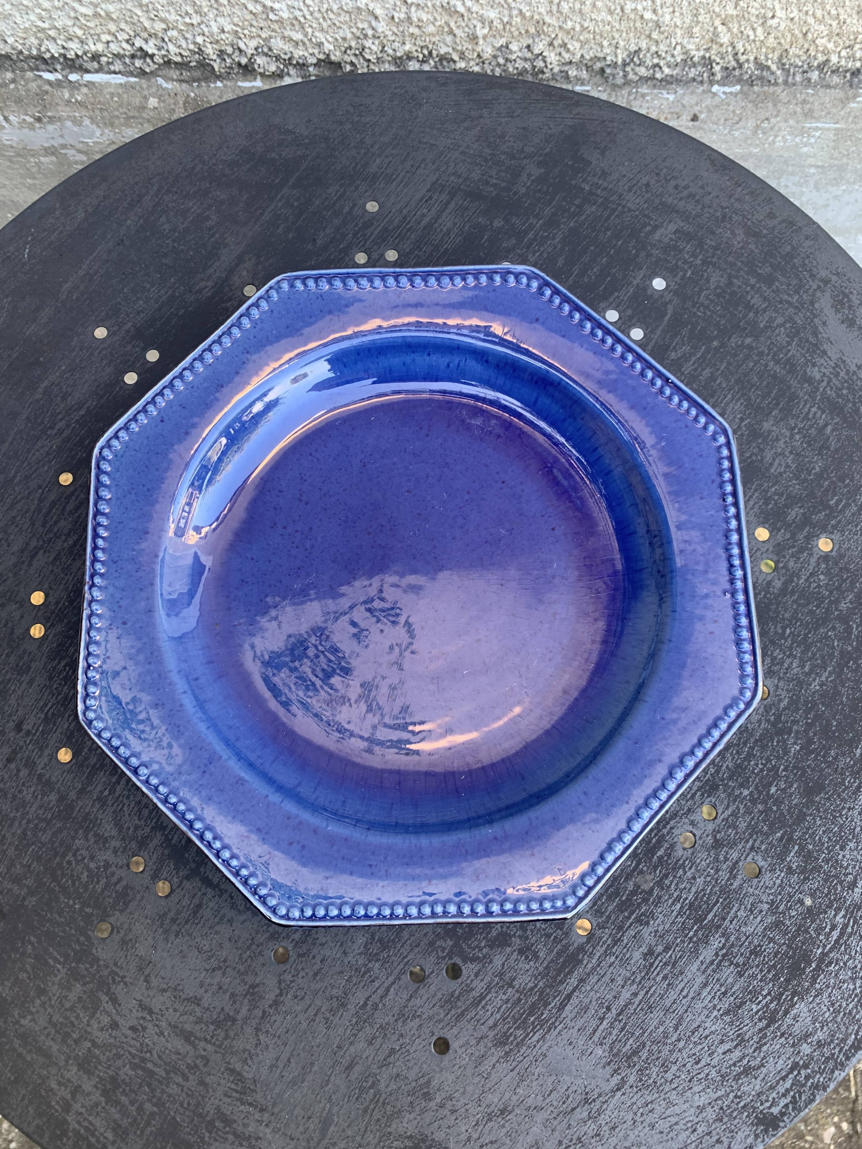 4 octagonal flat plates terre de Provence blue ceramic glazed vintage