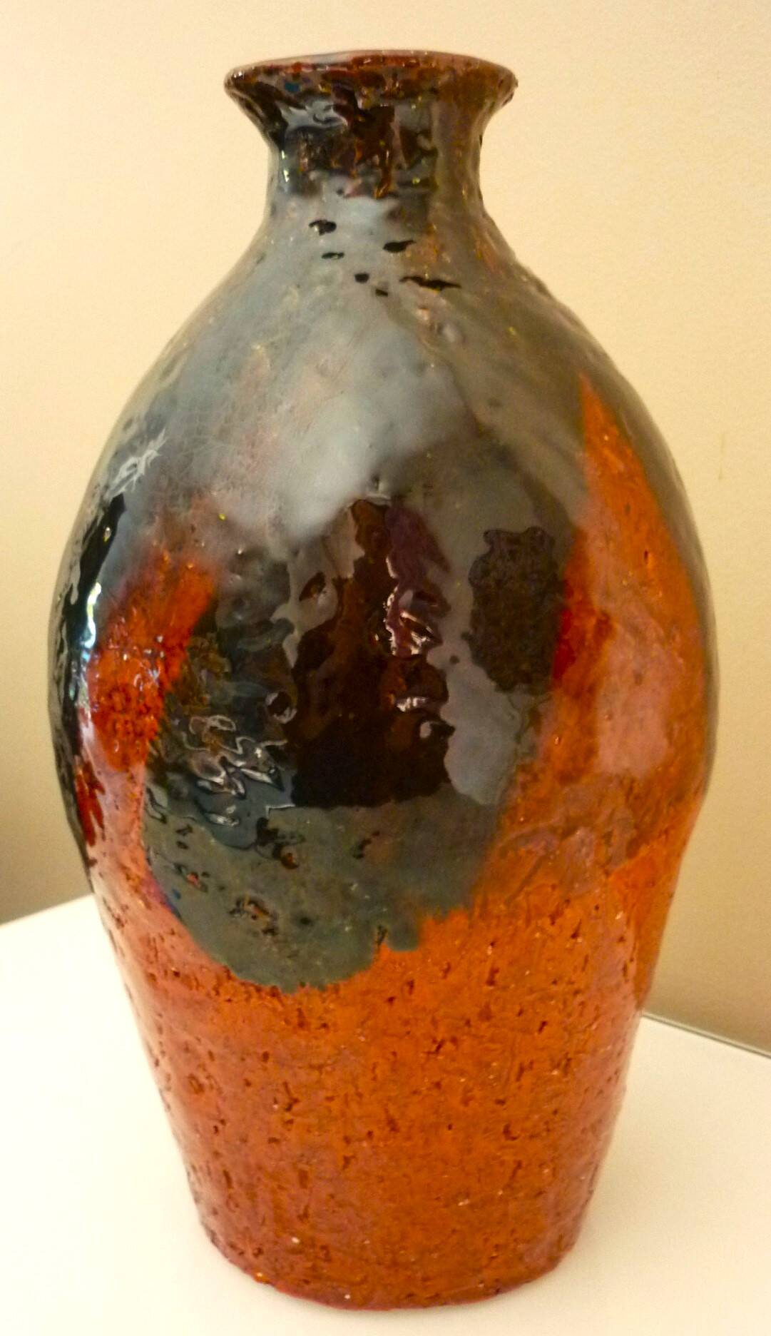 Ceramic vase, chamotte terracotta, enamelled, signature to be identified, vintage