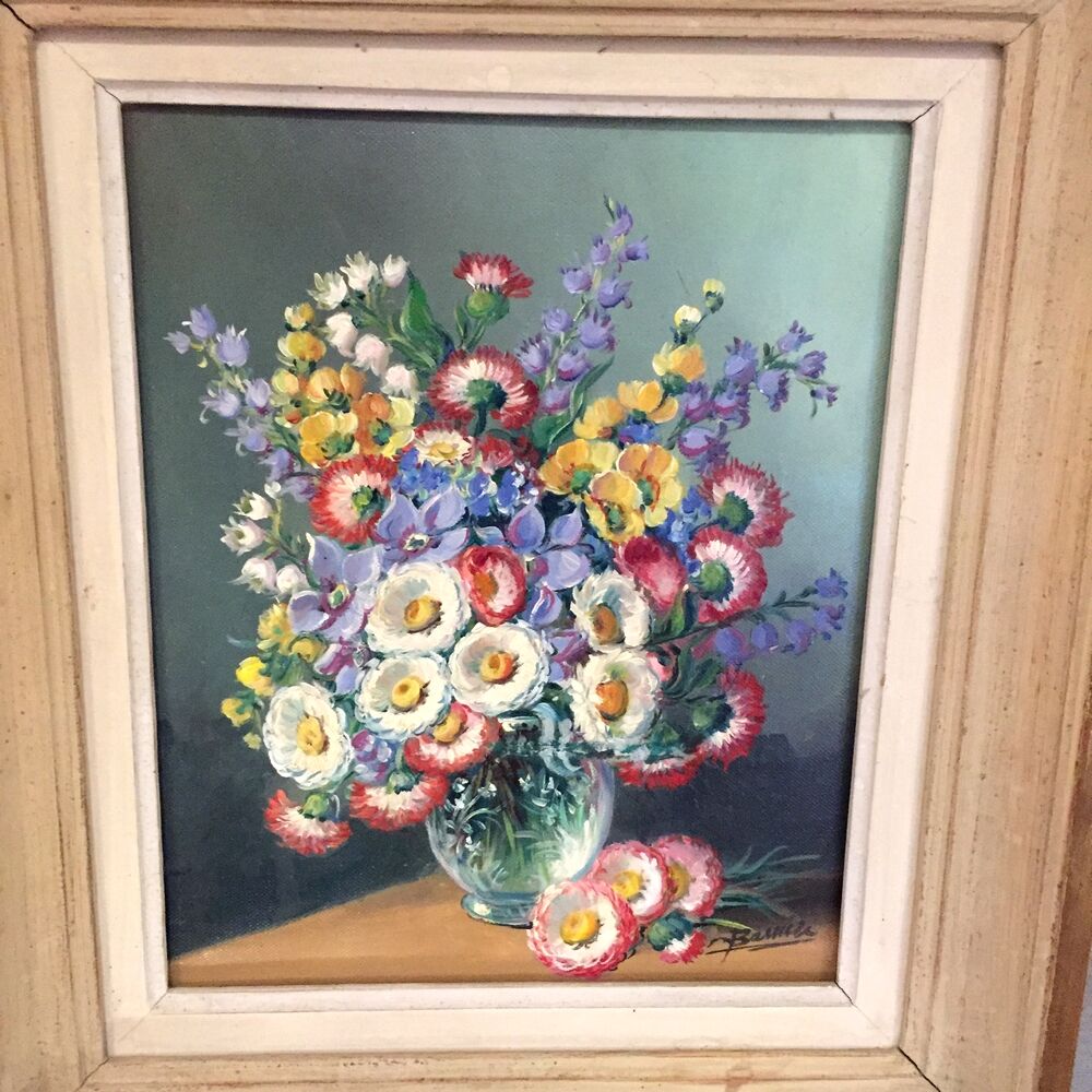 Oil on canvas bouquet of flowers sign c barnier
