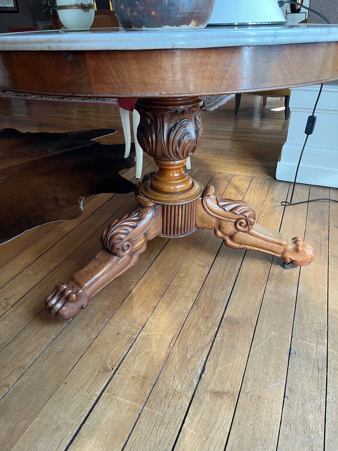 Guéridon tripode  style Empire acajou et marbre pieds griffon