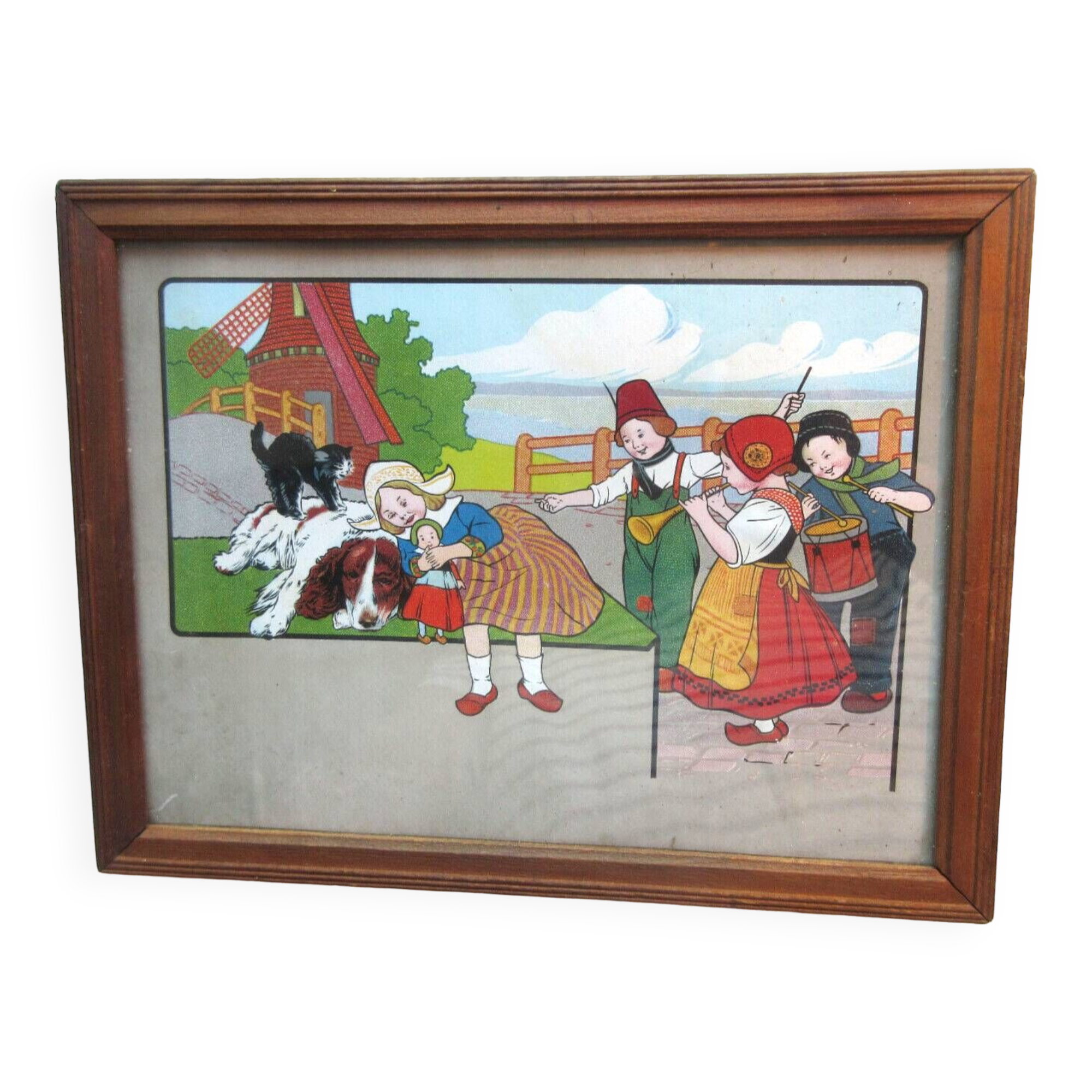 Framed engraving: The Children of Holland, Dog and Cat