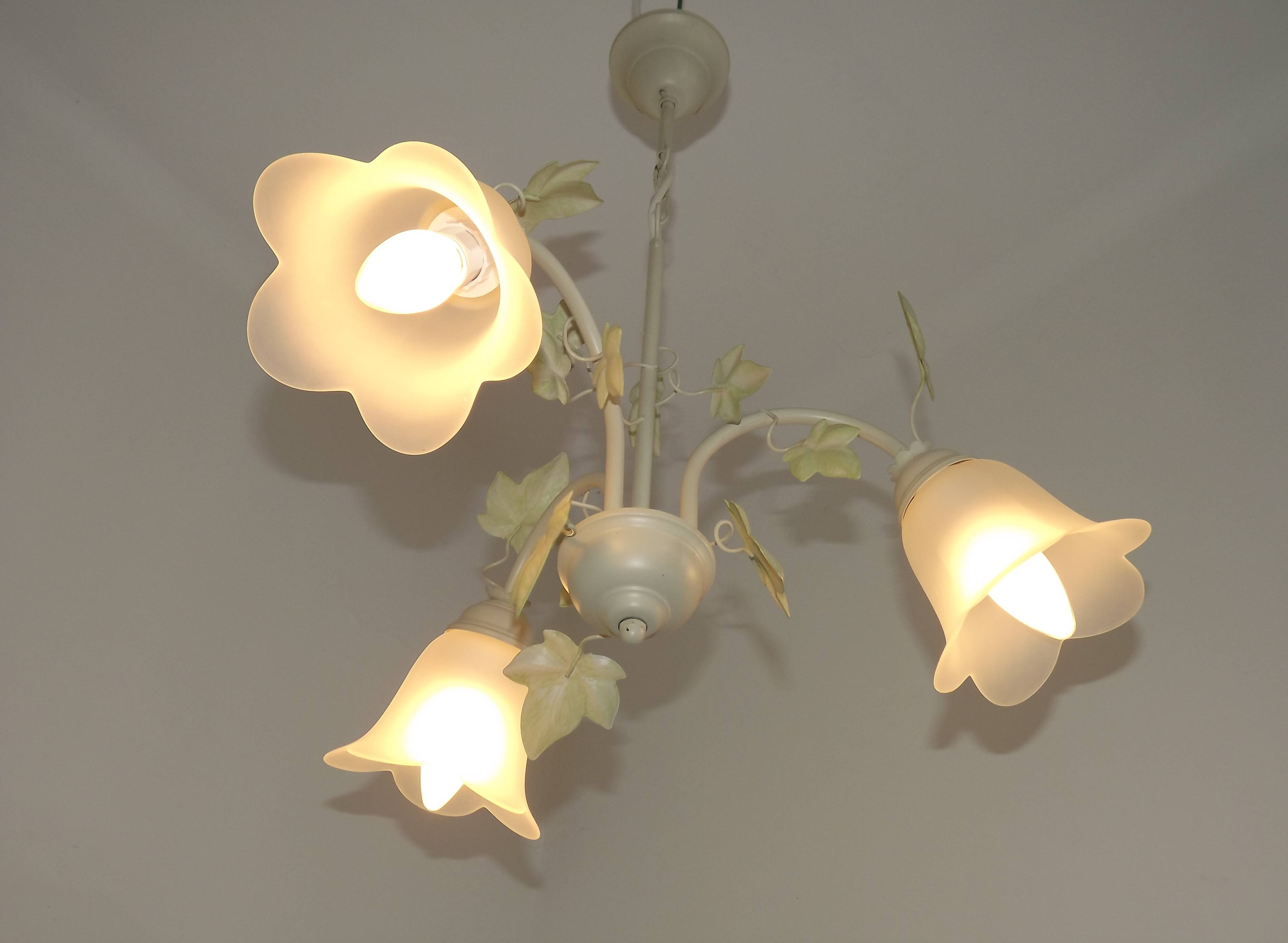 French Vintage 3 Light Green Ivy Chandelier with Opaque Glass Shades