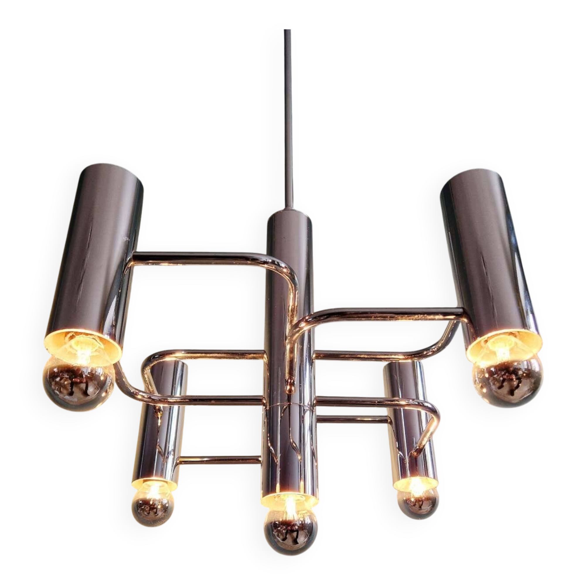 Geometric chandelier in chrome metal, design by Gaetano Sciolari, 1970.