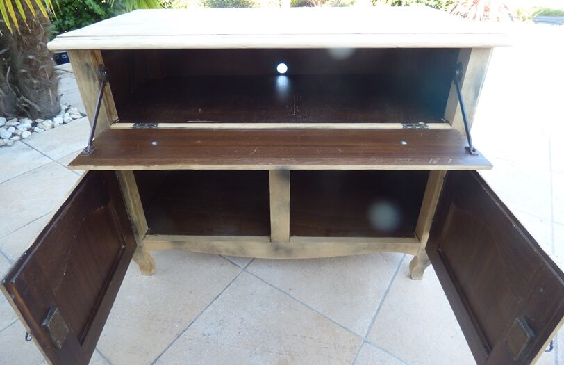 Low cabinet with two doors, a large drawer and its top which lifts up in solid wood