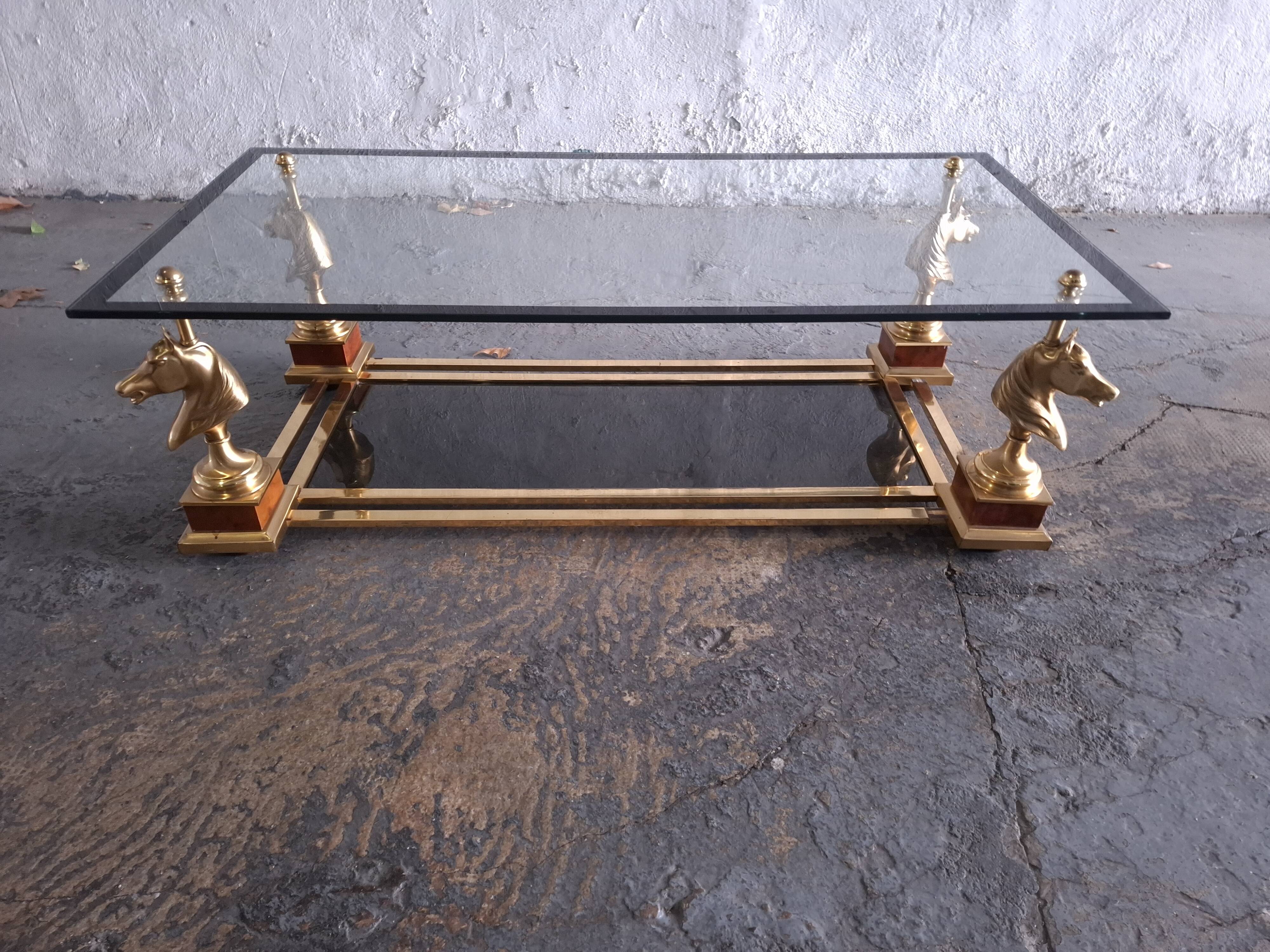 1970s Glass Coffee Table with Horse Heads
