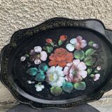 Bohemian and folkloric tray hand-painted flowers on a black metal background