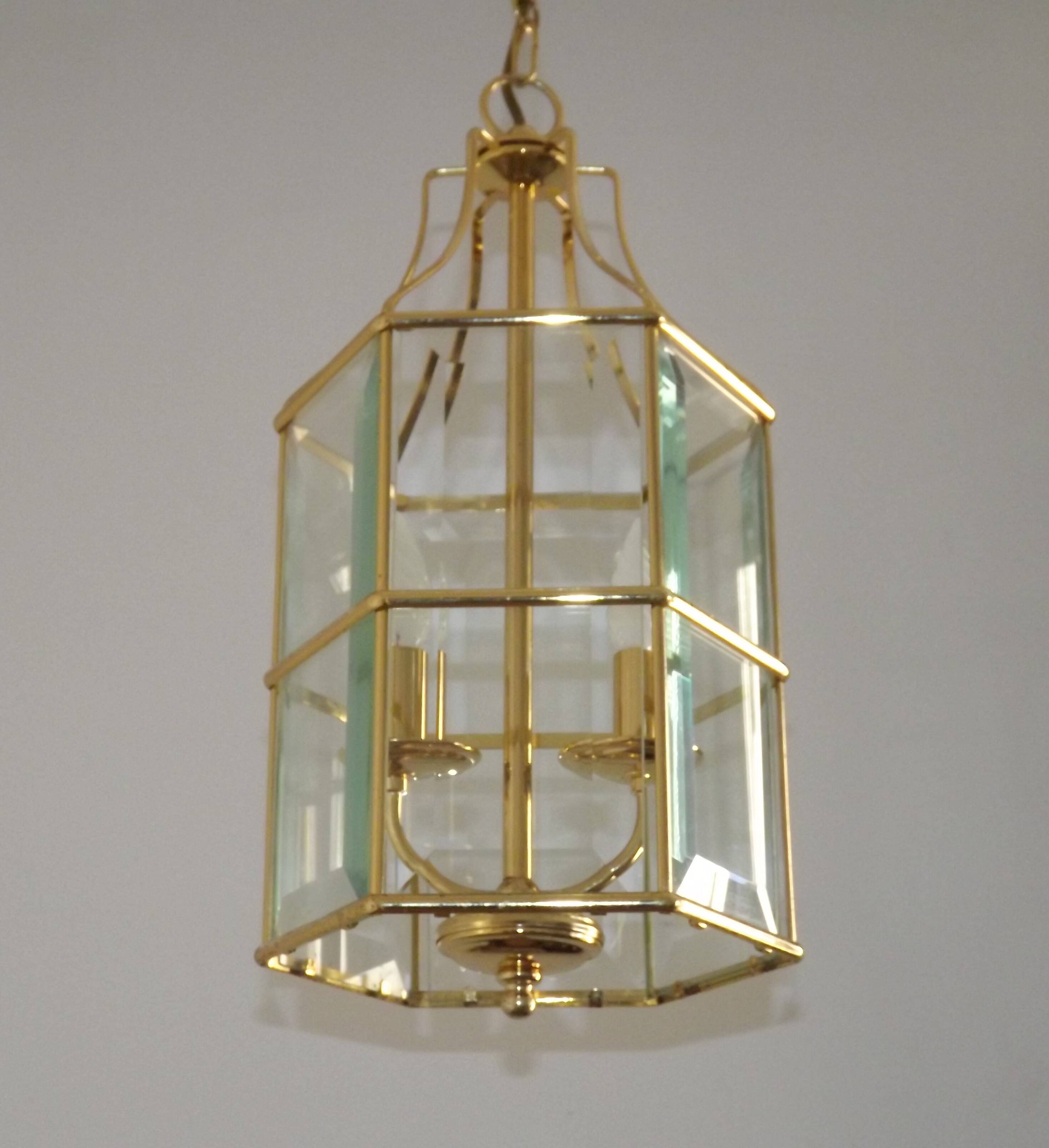French Vintage 2 Light Hexagonal Gold Metal & Beveled Glass Hanging Light