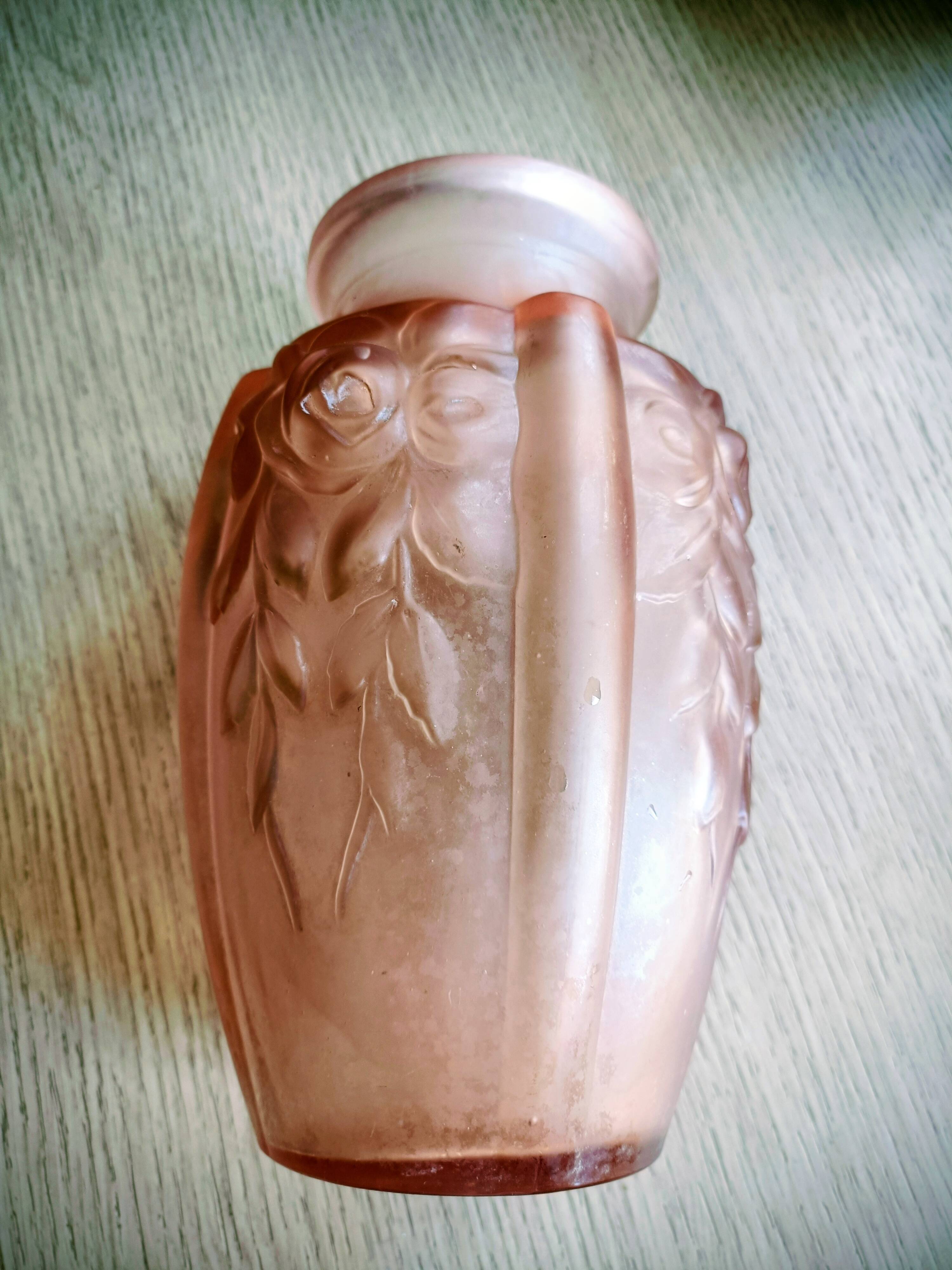 Art Deco vase, moulded satin pink glass.