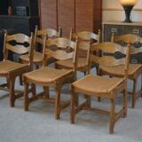 Set of 6 oak dining chairs with rush seat and 'Echelle' backrest in the style of Guillerme et Chambron 1950s