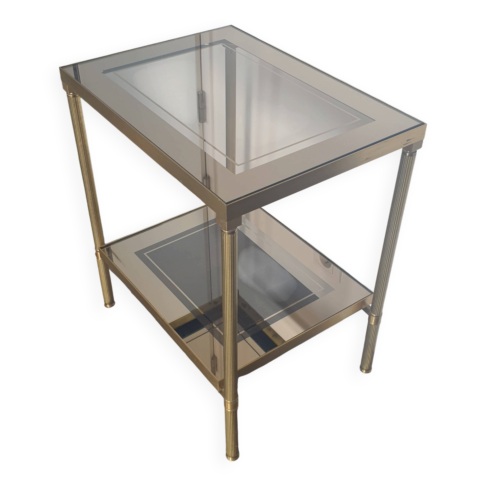 Double tray side table in brass and smoked glass.