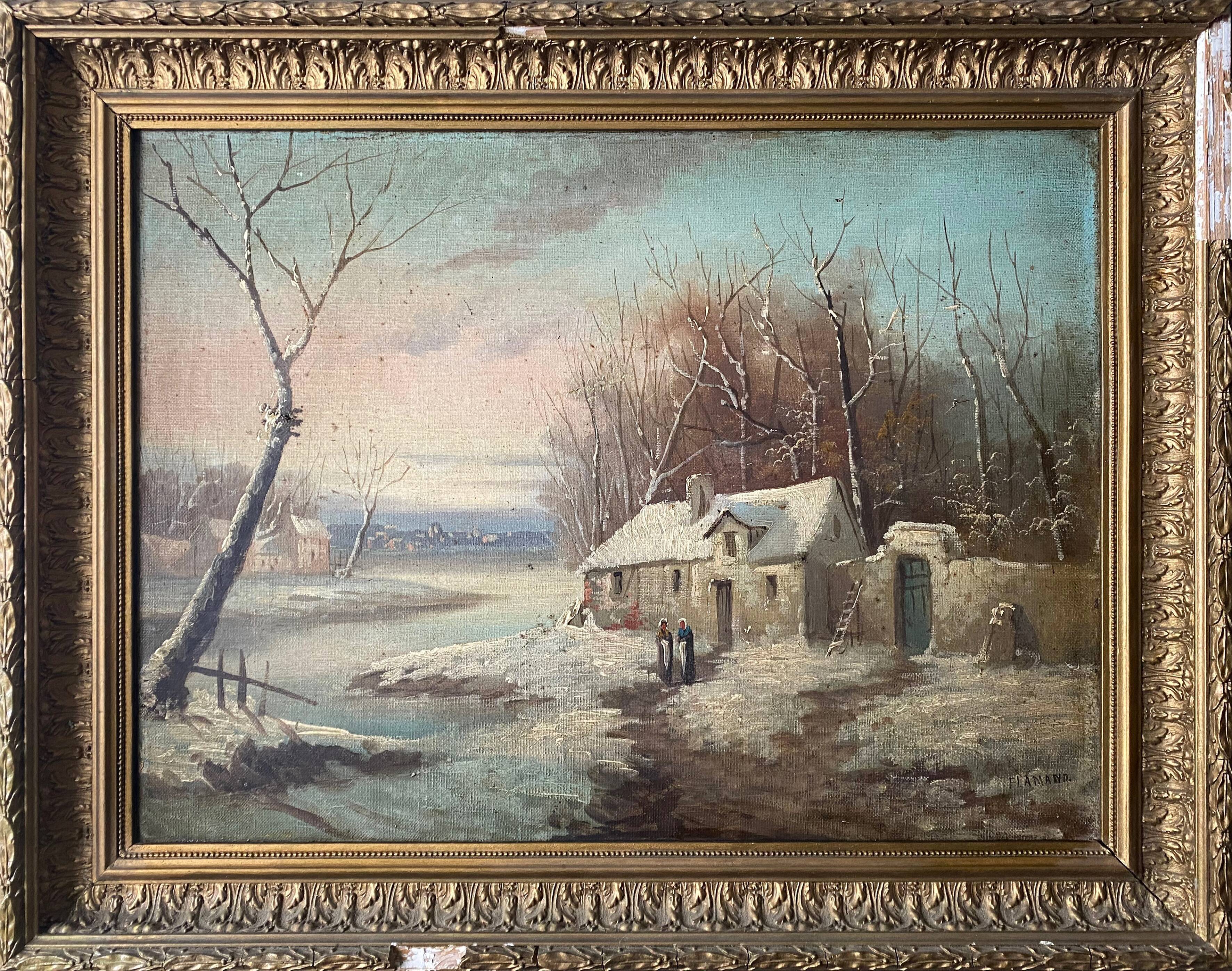 HST painting "Winter landscape" signed Flemish + frame XIX°