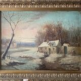 HST painting "Winter landscape" signed Flemish + frame XIX°